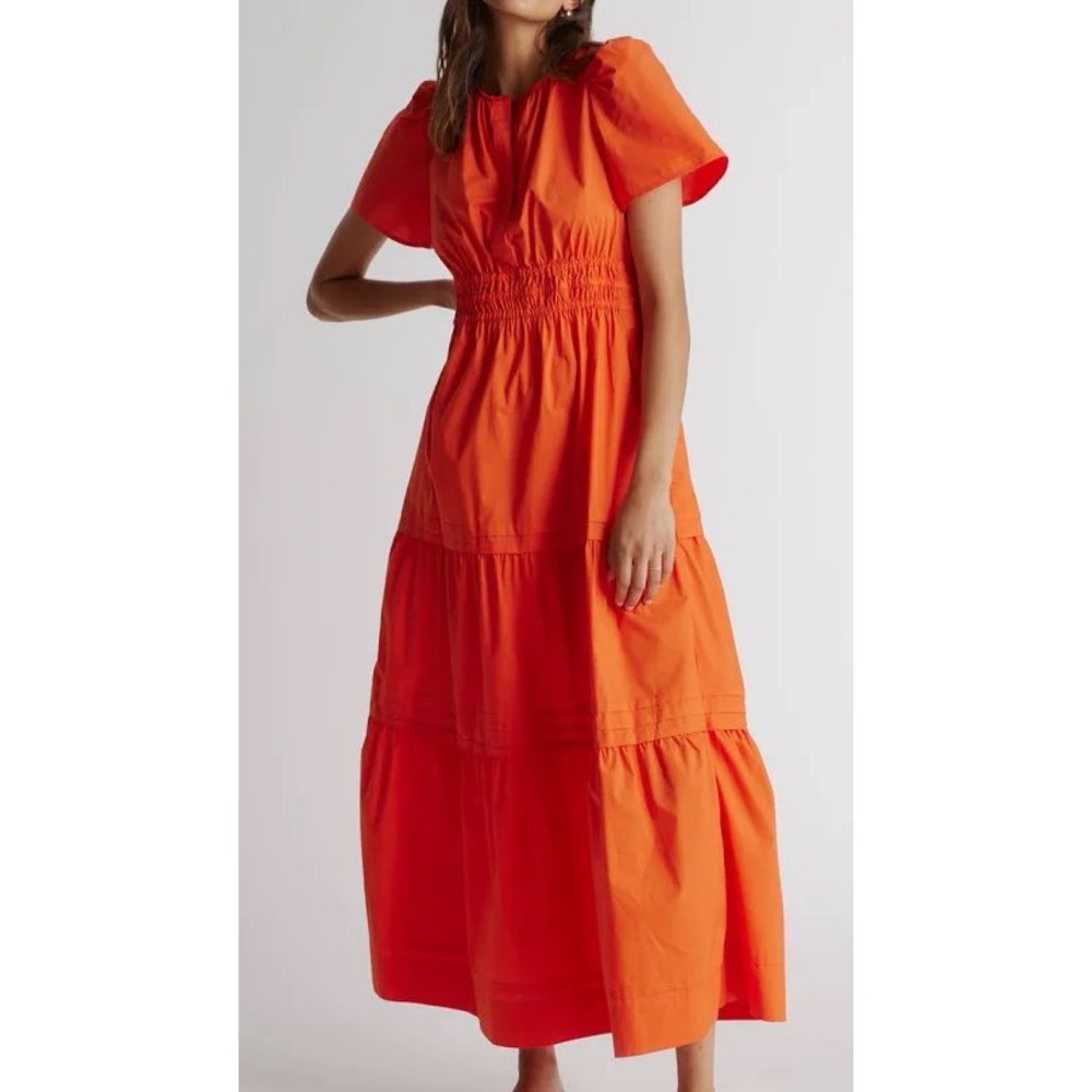 Quince Organic Cotton Tiered Maxi Dress Vermillion Red Size Large NWOT $168